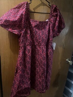 Time and Tru Red and Pink Floral Puff Sleeve Dress